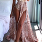 Sheath Spaghetti Straps Long Champagne Prom Dress with Appliques nv501