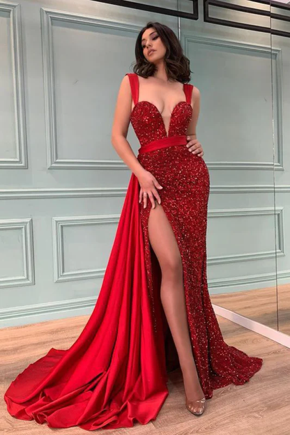 Glamorous red sequins beadings mermaid prom dress split with ruffles nv161