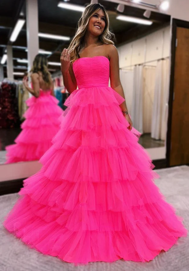 Hot pink Strapless Tulle Long Prom Dresses nv1019
