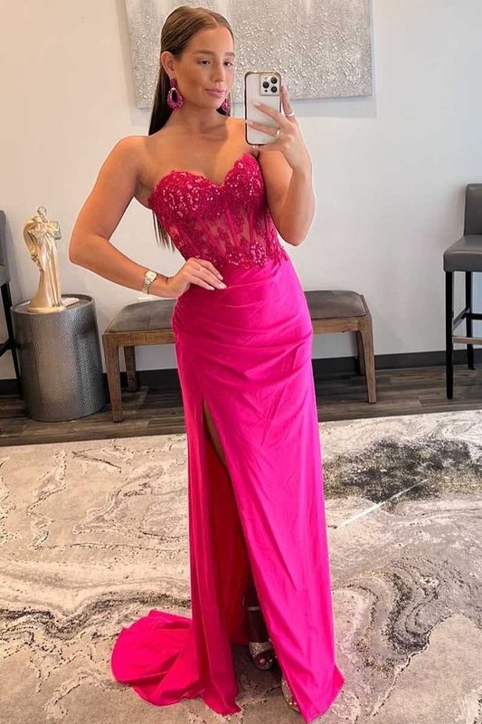 Sweetheart Corset Lace Hot Pink Long Prom Dress with Slit nv345