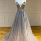 Gray v neck tulle long prom dress gray tulle formal dress nv435