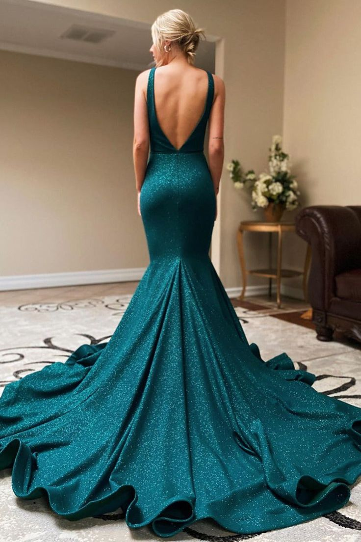 Dark Teal V-Neck Mermaid Long Prom Evening Dress with Slit nv963