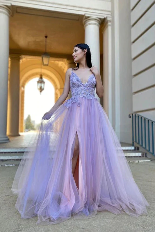 Lilac V-Neck Split Tulle Appliques Charming A-Line Prom Dresses nv440