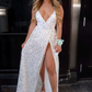 Sexy Deep V-Neck White Sequined Prom Gown nv228