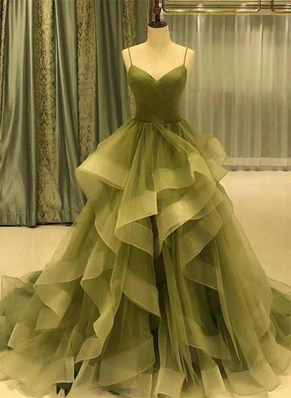 Green Straps Sweetheart Tulle Long Evening Dress, Green Layers Tulle Prom Dress nv494