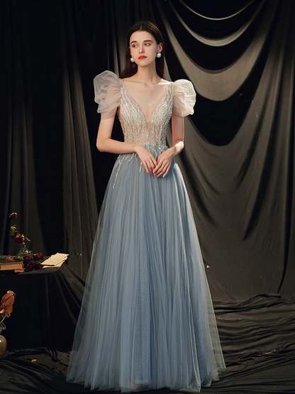 Gray Blue V Neck Tulle Sequin Long Prom Dress, Gray Blue Evening Dress nv422