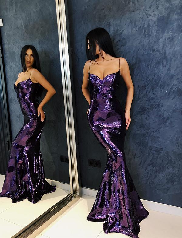 Sweetheart Prom Dress Mermaid Sequined Formal Evening Gown Purple Thin Straps nv278