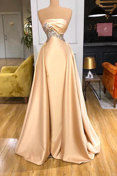 CHAMPAGNE STRAPLESS OVERSKIRT PROM DRESS LONG WITH CRYSTALS nv358