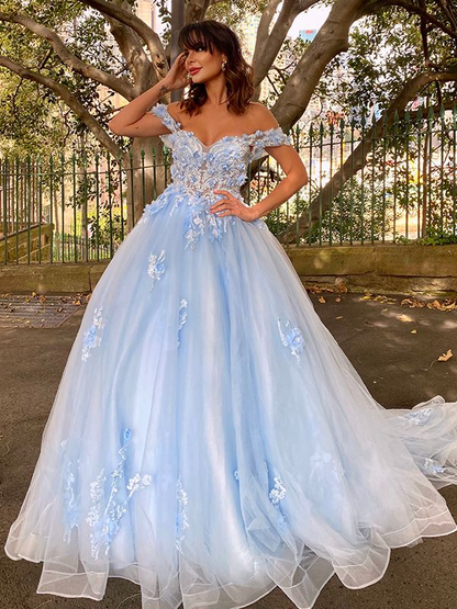 Blue Tulle Off Shoulder Applique Sweep Train Ball Gown Dress nv216