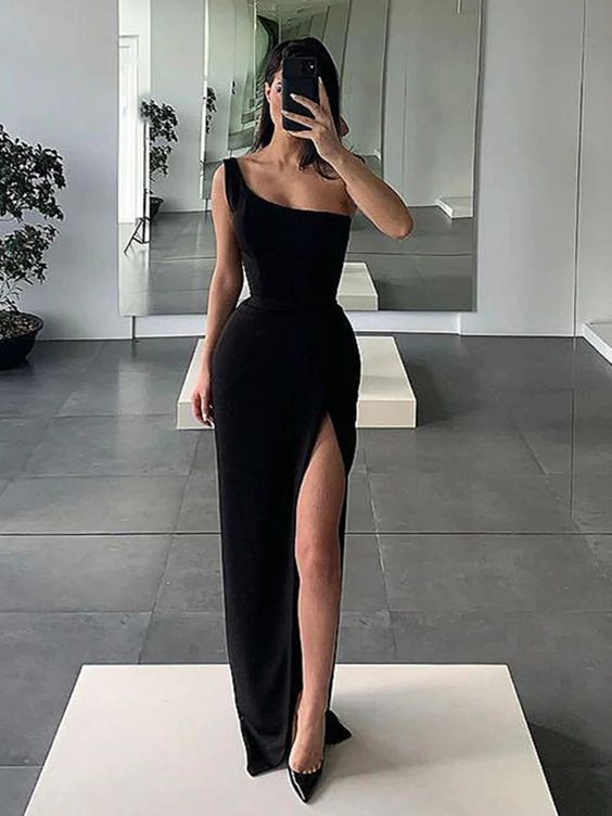 Black One Shoulder Prom Dress with High Leg Slit, One Shoulder Black High Slit Formal Evening Dresses nv384