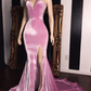 Pink Velvet Sweetheart Prom Dresses Elegant Side Slit Mermaid Long Evening Gowns nv154