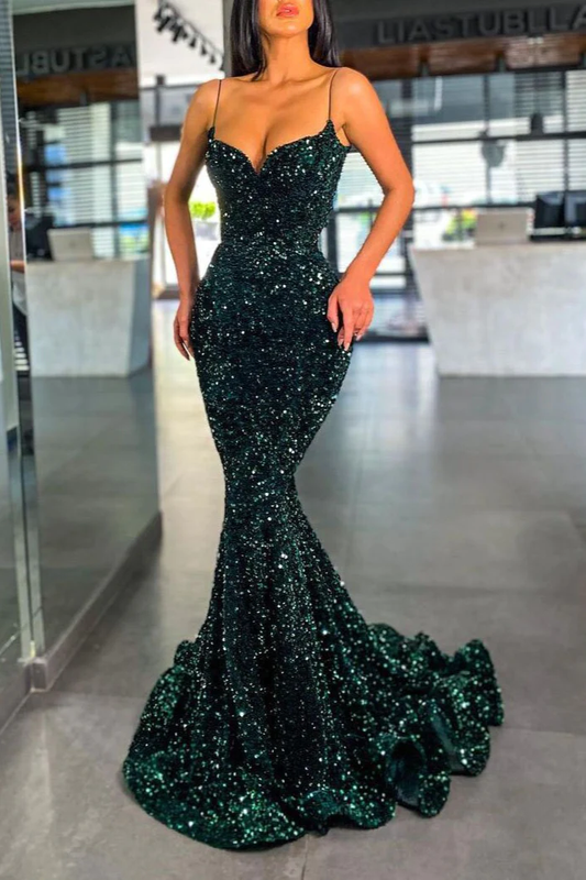 Chic Spaghetti-straps Green Sequins Prom Dress Mermaid Long Party Gowns nv137