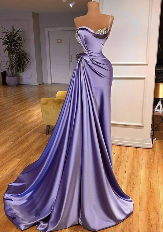 luxury beaded evening dresses long elegant mermaid purple satin modest amazing sleeveless formal party dresses nv405