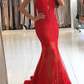 SPAGHETTI STRAPS RED LACE EVENING DRESSES MERMAID CHIC PROM DRESSES nv411