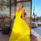 Charming A Line V Neck Yellow Chiffon Evening Dresses nv975