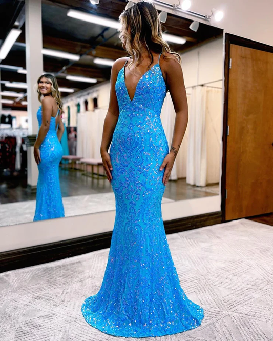 Charming Mermaid V Neck Blue Lace Sequins Long Prom Dresses nv349