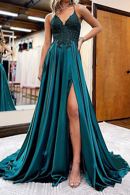 V Neck Blue Green Lace Prom Dresses, Blue Green Lace Formal Graduation Dresses nv333