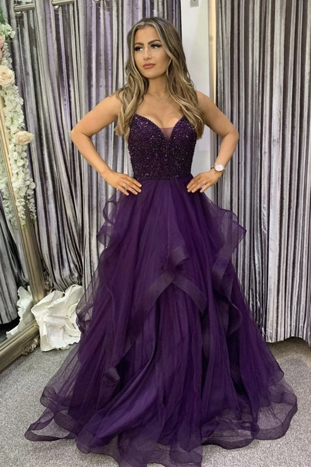 Fluffy A-line V neck Tulle Purple Formal Prom Dress with Beading,Party Dress nv298