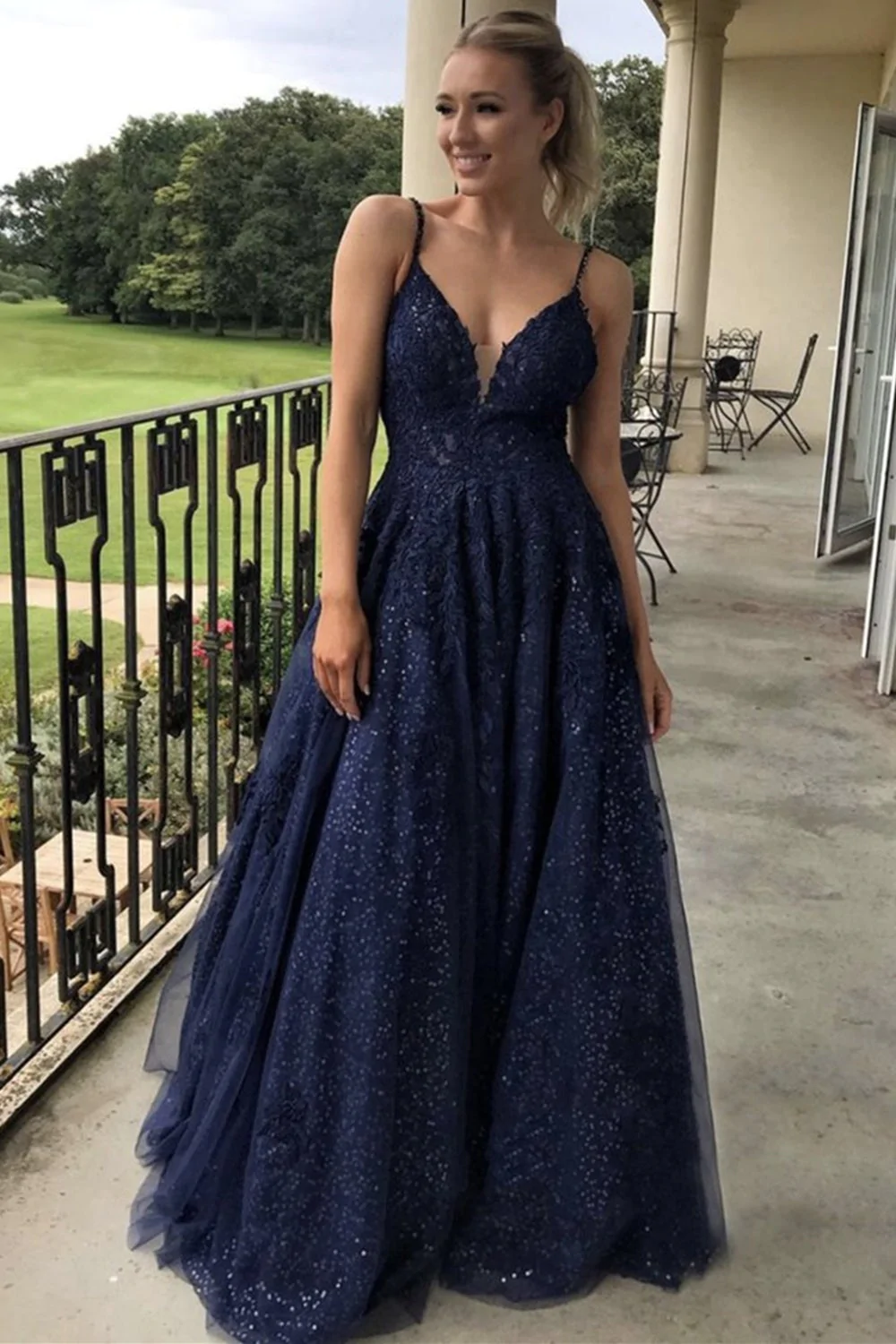A Line V Neck Navy Blue Lace Long Prom Dress with Sequins, Navy Blue Lace Formal Graduation Evening Dress nv188