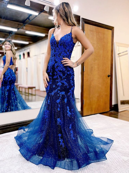Dark Blue Mermaid Long Prom Dresses, Blue Lace Long Evening Dress nv1041