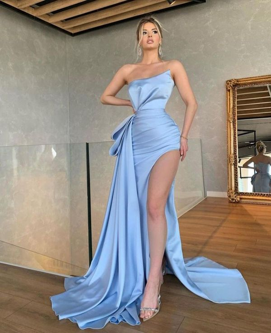 Mermaid Strapless Light Blue Satin Long Prom Dresses with Side Slit,Evening Party Dresses nv330