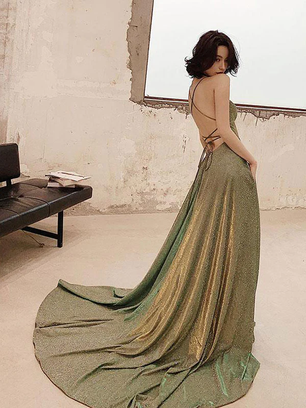 Unique backless long prom dress, green evening dress nv454