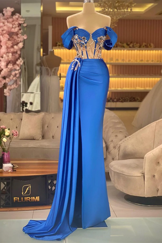 Elegant Blue Off-the-shoulder Sleeveless Beading Prom Dress With Slit nv507