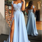 A Line Cap Sleeve Sweetheart Long Split Prom Dress with Appliques  nv486