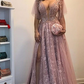 Vestido Pink Lace Deep V-Neck Long Sheath Prom Dresses nv521