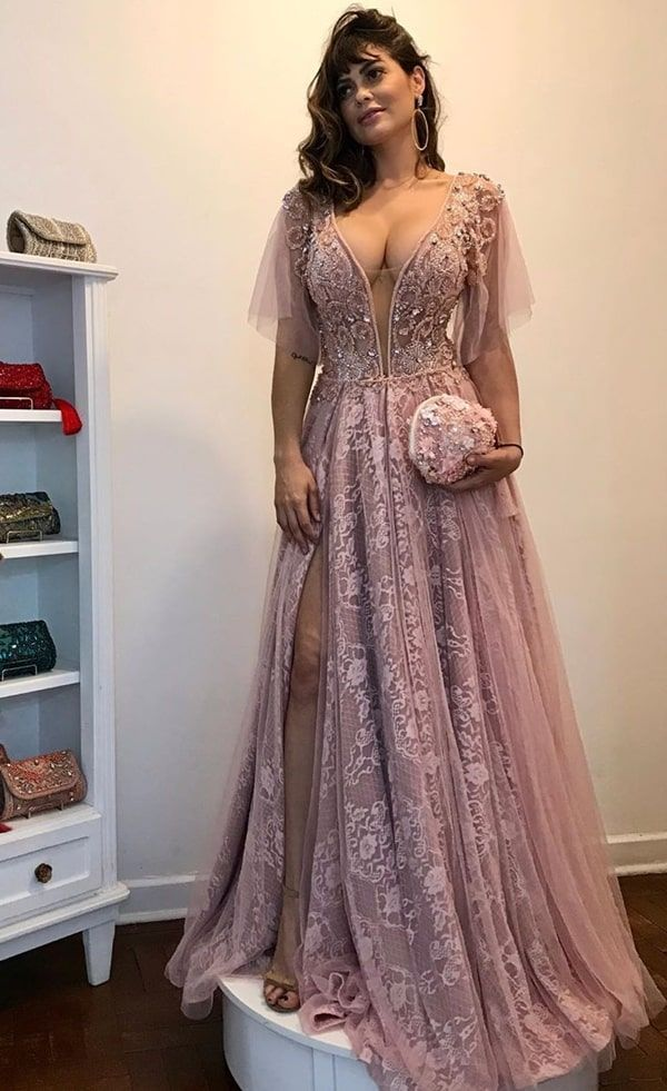 Vestido Pink Lace Deep V-Neck Long Sheath Prom Dresses nv521