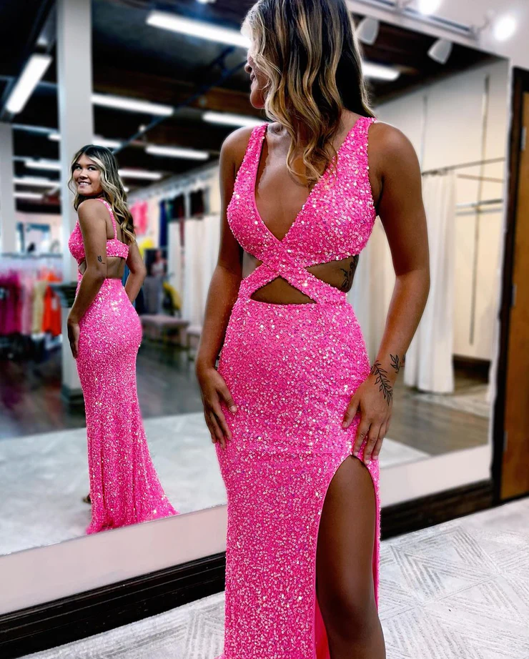 Charming Glitter Mermaid V Neck Hot Pink Sequins Prom Dresses with Slit nv940