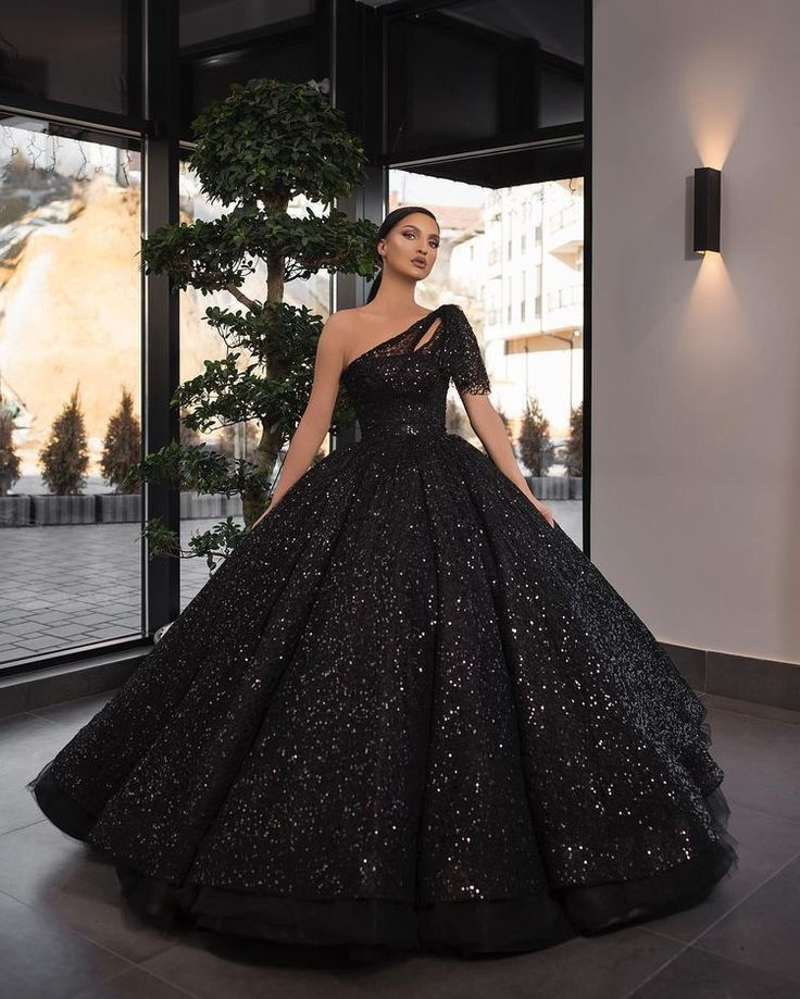 Sparkly Ball Gown One Shoulder Black Sequins Long Prom Dresses nv392