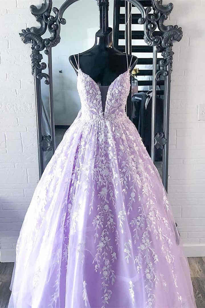 Elegant Straps Lace Appliques Lavender Prom Dress nv131