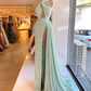 modest sparkly evening dresses long mint green Lace Applique luxury elegant formal evening gown nv482