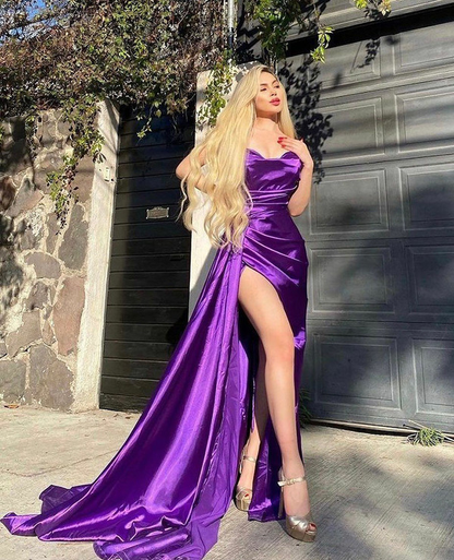 Sexy purple Mermaid Satin Long Prom Dresses Side Slit Long Evening Gowns nv413