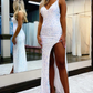 White Iridescent Sequin Long Prom Gown with Slit nv229