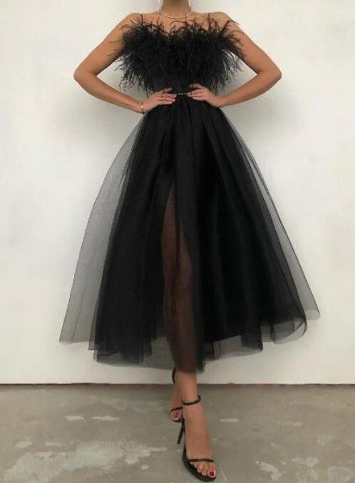 Sexy Black Tea Length Strapless Prom Dresses nv552