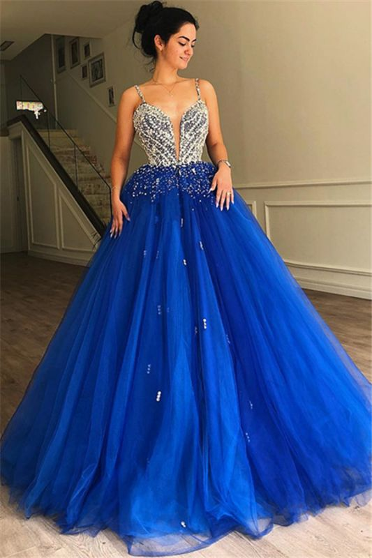 Elegant A-Line Spaghetti Straps Sleeveless Tulle Beaded Evening Dresses Prom Dress nv256