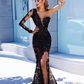 Modern Black Lace One-shoulder Prom Party Gowns| Front Split Evening Gown nv134