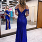 Charming Mermaid Off the Shoulder Roya Blue Sequins Prom Dresses with Slit nv463