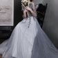 GRAY TULLE SEQUINS LONG PROM DRESS A LINE EVENING DRESS nv423