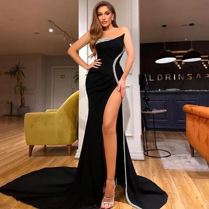 Sexy black mermaid slit prom dress with silver sequins nv158