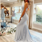 Mermaid Tie Back Light Blue Long Prom Dress nv269