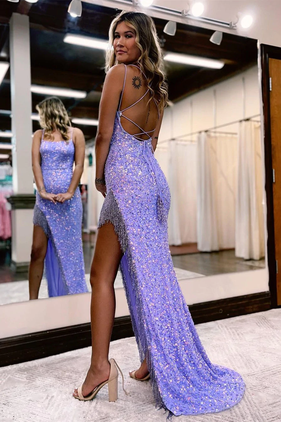 Elegant Mermaid Sleeveless Sequined Prom Dresssplit Online Spaghetti-straps nv444