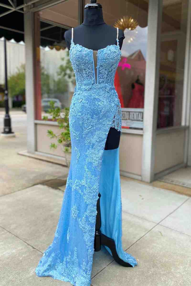 Light Blue Appliques Long Prom Dress with Detachable Feathered Shoulder nv469