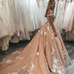 Gorgeous Off the Shoulder Lace Appliques Peach Ball Gown nv287