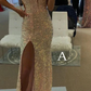 Spaghetti Straps Mermaid Prom Dress, Sparkly Sequins Slit Long Formal Gown nv132