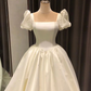 Spauare Neckline Bubble Sleeves Satin Wedding Dresses, Vintage Wedding Dresses, Bridal Gown nv388