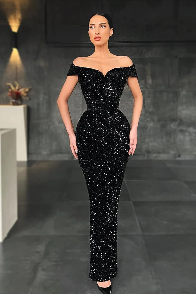 Elegant Black Sparkly Sequin Off Shoulder Mermaid Long Prom Dresses, Floor Length Party Dress,Evening Dress nv325