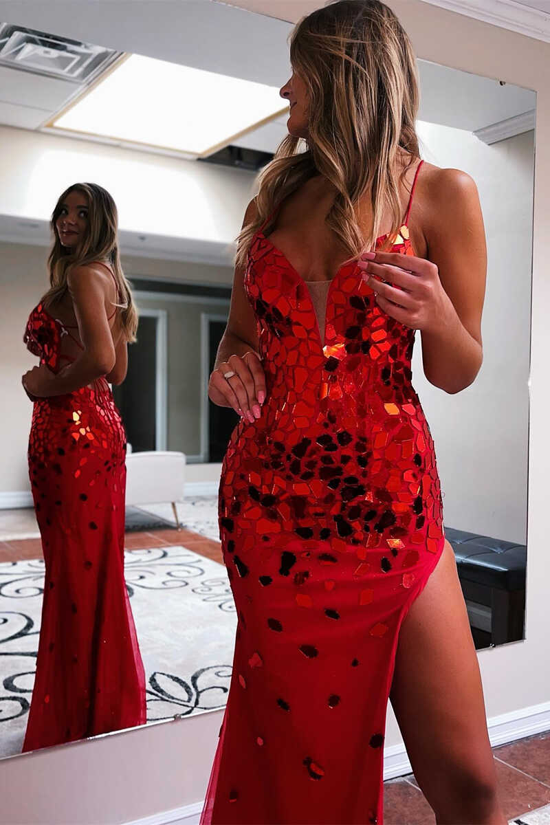 Red Cut Glass Mirror Lace-Up Long Prom Gown with Slit nv456